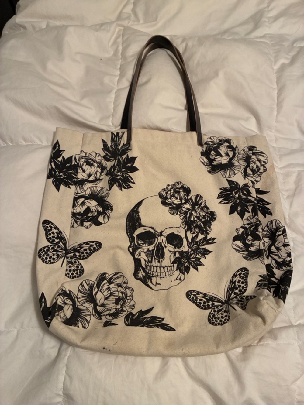 Canvas Skull & Floral Tote Bag in Cream and Black